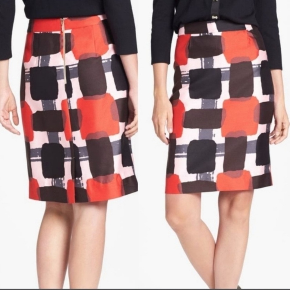 Kate spade silk jordan checker pink black red business casual pencil skirt 12‌‌